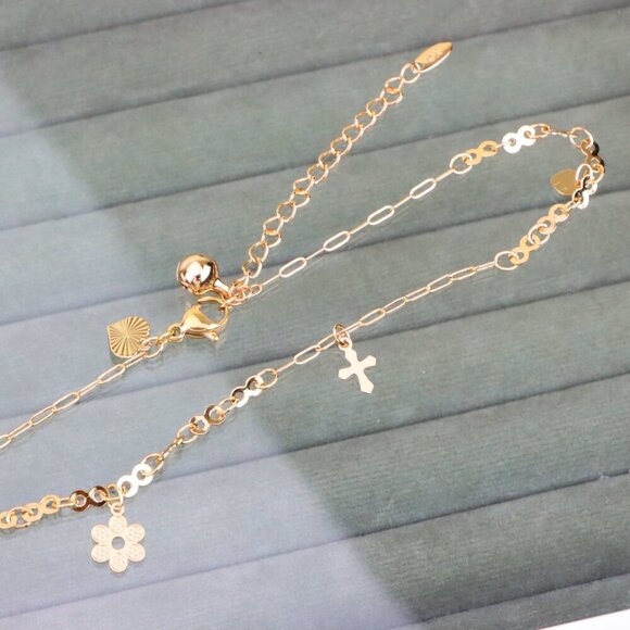 "Rose Gold Anklet with Cross & Flower Charms, XPAL1164 - Picture 8 of 12